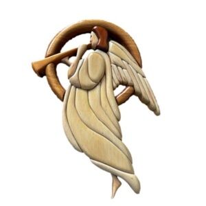 Vintage Intarsia Angel Wood Sculpture Mosaic Musician Figurine Wall Hanging 9.5”